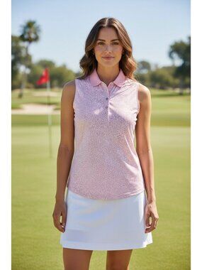 Greg Norman Womens Small Play Dry Pink Leaf Print Sleeveless Golf Polo Shirt NEW